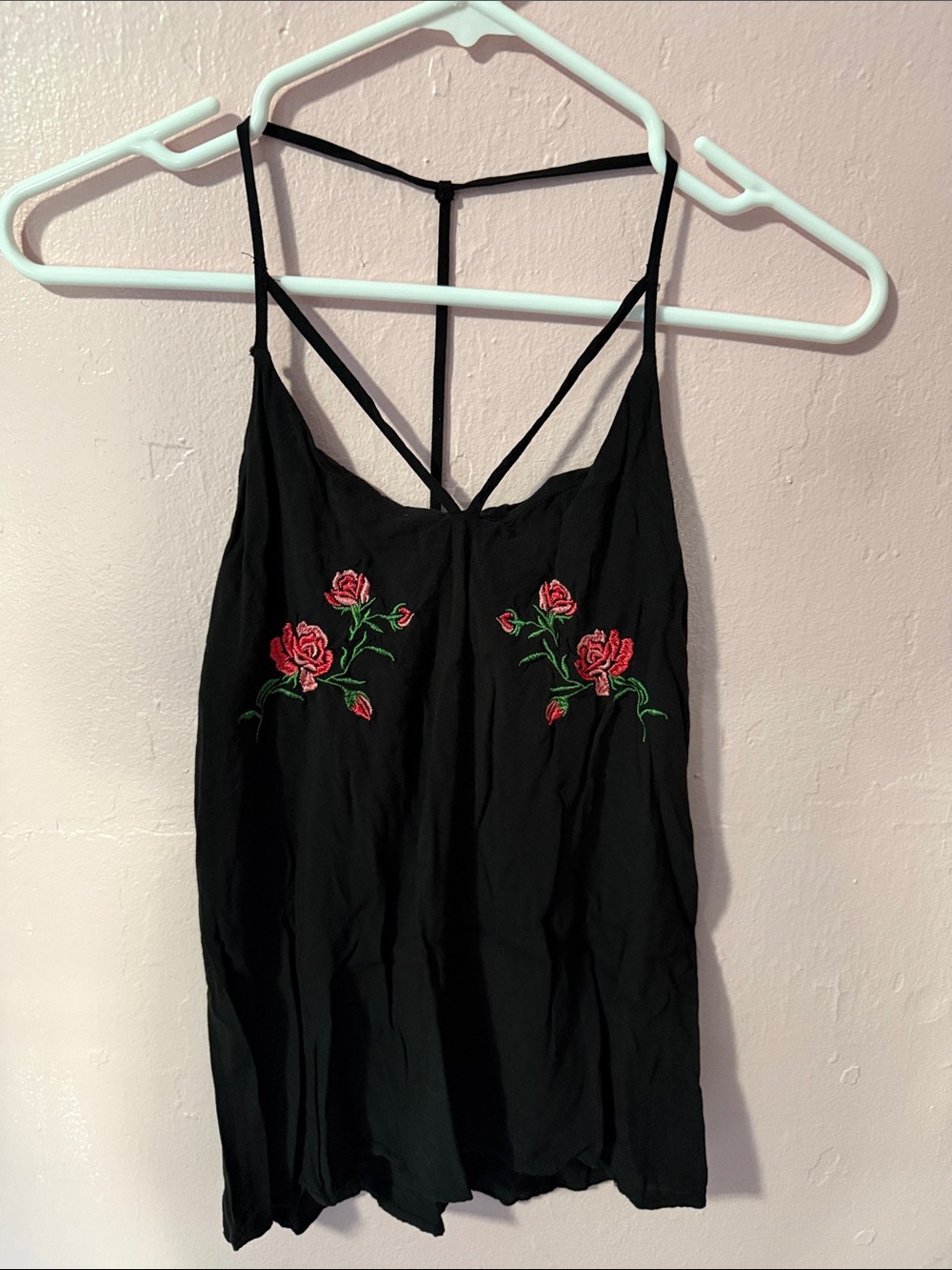 Black Floral Embroidered Strappy Cami Top